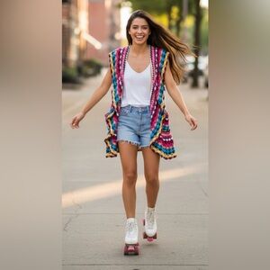 Double Zero Womens Colorful Crochet Vest Cardigan S Party Festival Casual Cruise